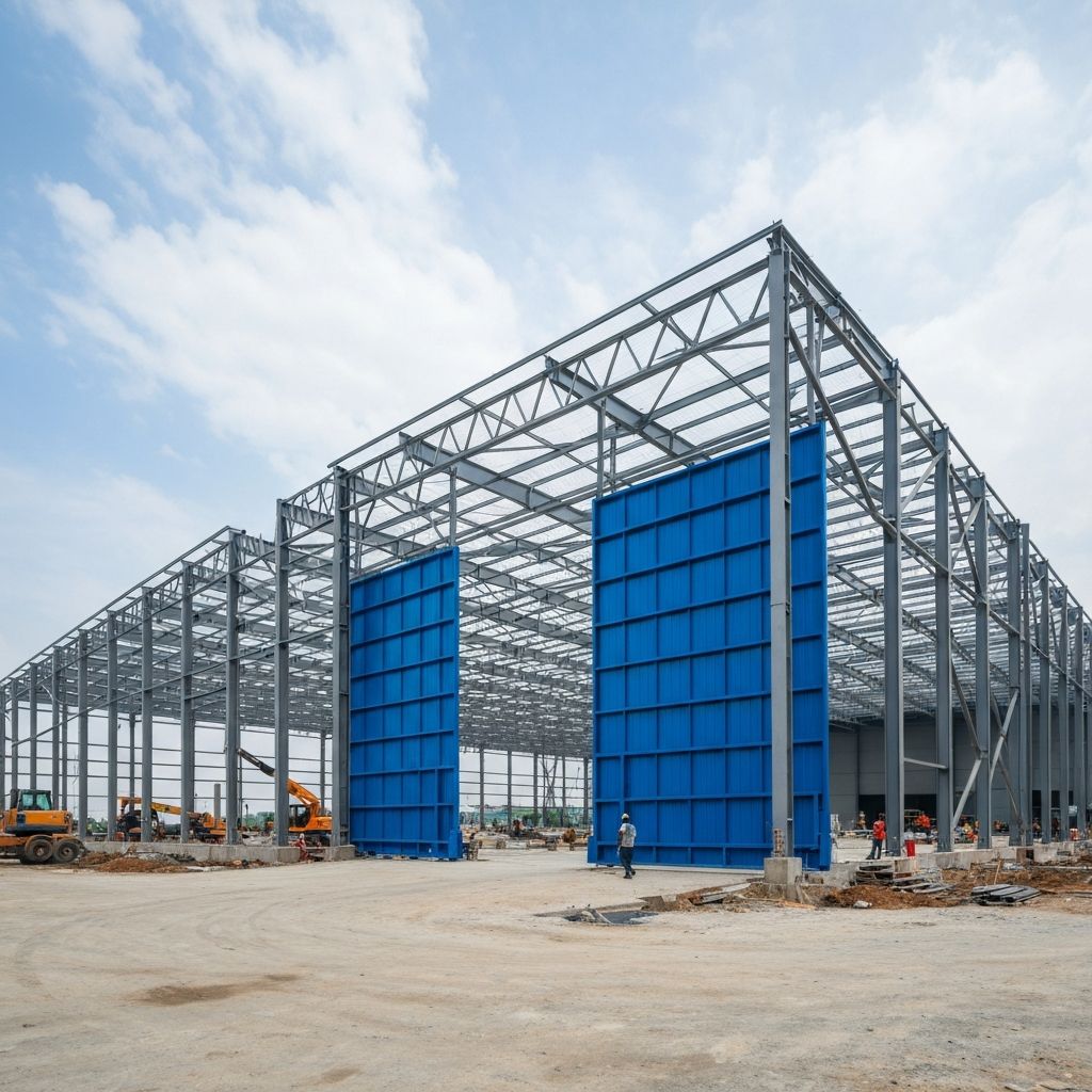 Entrepôt industriel moyen au Brésil avec structure métallique moderne et portes bleues